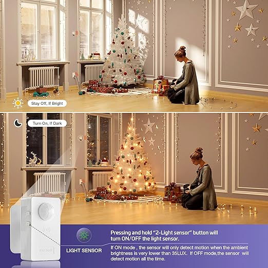 RAYZEEK Wireless Motion Sensor Plug Kits,No-Wire Mini PIR Sensor Switch Control Plug to Auto Turn On/Off Electrical Devices,10A/1100W for Christmas Lights,Fans,Household Appliances