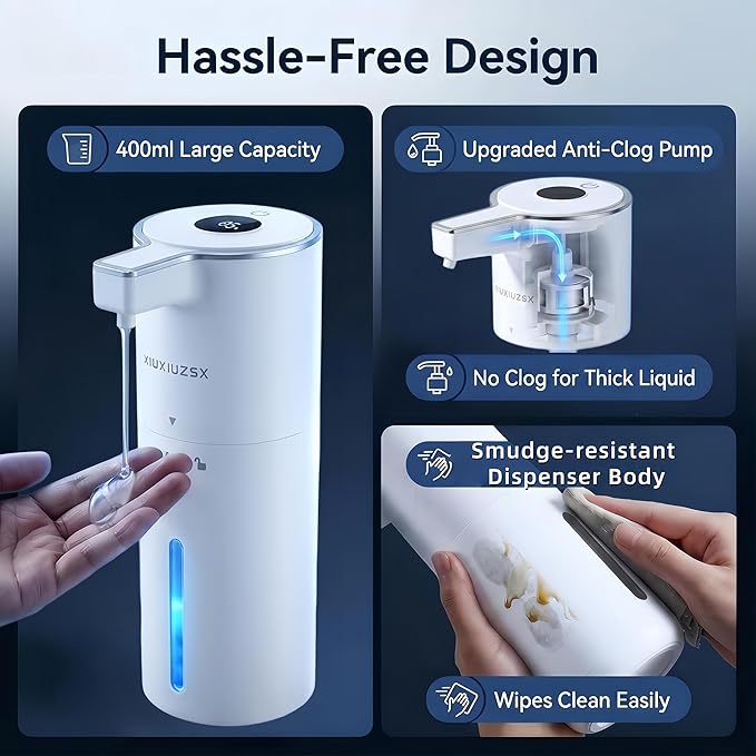 Automatic Soap Dispenser Liquid Touchless Upgrade Pump Uneasy Plugging Wall Mounted USB Rechargeable, 4-Level Adjustable 13.52oz Modern Electric Hand Soap Dispenser Kitchen Bathroom Kids Family White