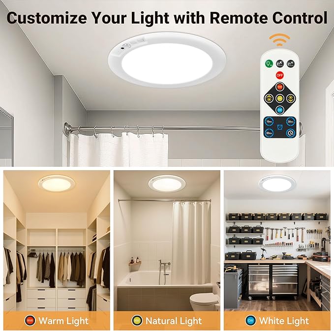 Rechargeable Ceiling Light, No Wiring Battery Operated Ceiling Lights with Remote, Motion Sensor Dimmable Timing Motion Activated Overhead Shower Light for Bathroom Pantry Hallway Porch (6)
