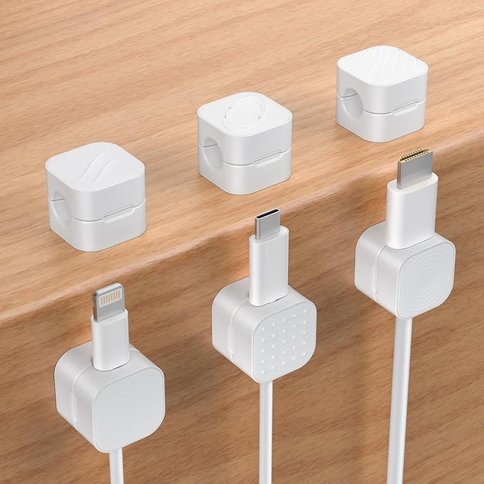 6-Pack Magnetic Cable Clips, XOVRAETH Smooth Adjustable Adhesive Cord Organizer, Desk Cable Management Wire Holder Keeper Cables Staples for Nightstand Home Office Desk Car Phone Wall Desktop(WhiteC)