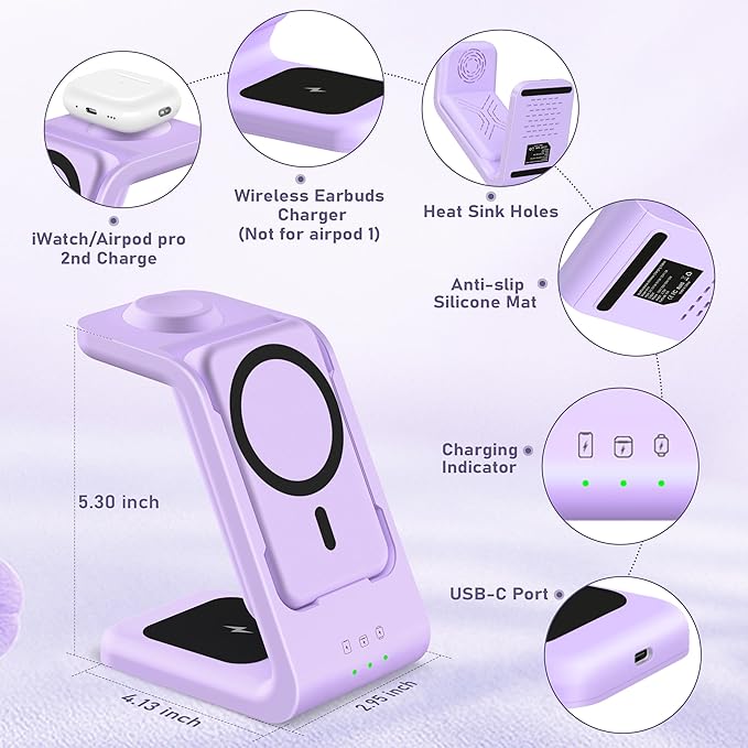Smtcsl 3 in 1 Wireless Charging Station: 5000mAh Removable Power Bank Charger Stand for Phone/Watch/Air Pods - Portable Magnetic Battery Pack for Air 17 16 15 14 13 12 Series Purple