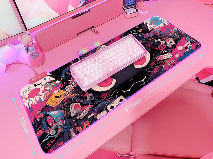 JMIYAV Pink RGB Gaming Mouse Pad 31.5x12 Inch PC XL Large Extended Glowing Led Light Up Desk Pad Non-Slip Rubber Base Computer Cute Mousepad Mat Desk Accessories Gaming Setup 763
