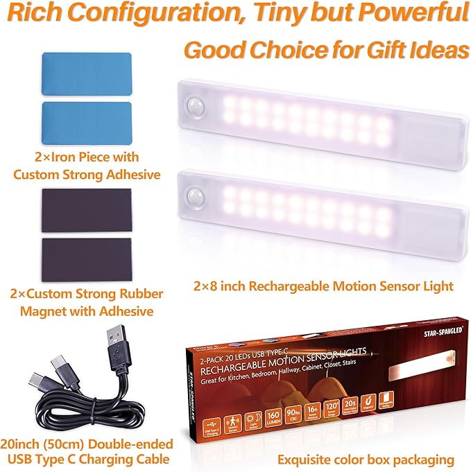 STAR-SPANGLED Under Cabinet Lighting Rechargeable, 8 inch Motion Sensor Lights Indoor Battery Operated, USB Stick on LED Magnetic Closet Light for Counter, Stairs, Kitchen, Warm White, 2 Pack