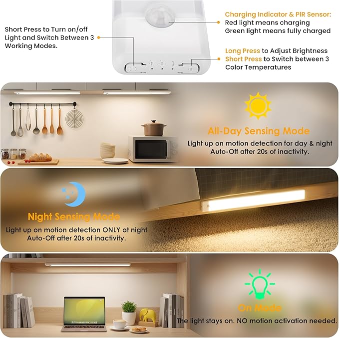 15.7 inch Motion Sensor Under Cabinet Light, 3 Color Temperature Dimmable Rechargeable Magnetic Closet Light Wireless Under Counter Light 5-Pack