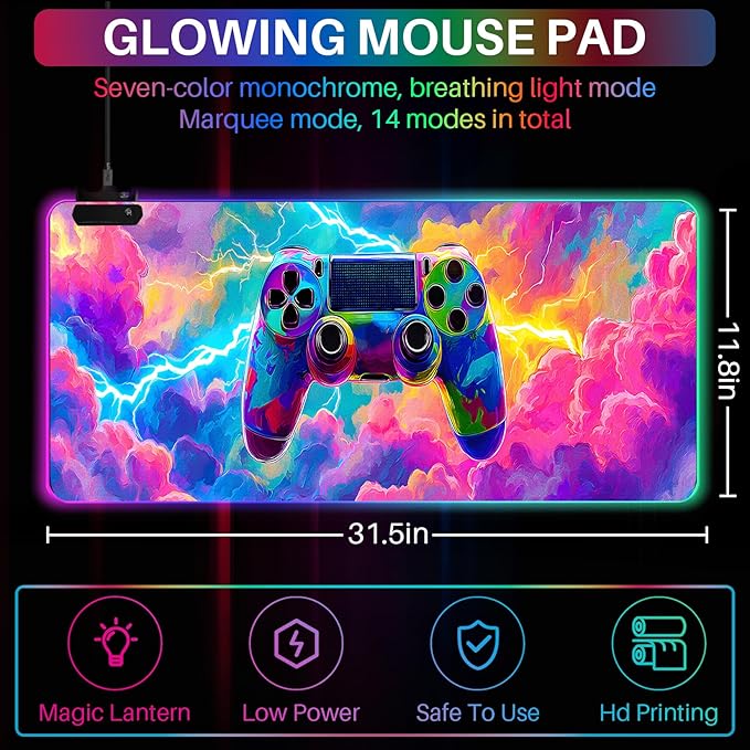 XL Led Gaming Mouse Pad with 14 Light Modes - Light Up Gamer Mouse Pad,31.5 x 11.8in Non-Slip Gamepad Style RGB Large Gamer Mousepad,Black Long Glowing Gaming Accessories for Desk,Waterproof