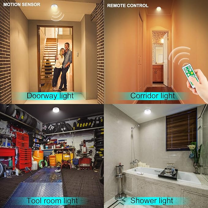 BIGMONAT Wireless LED Shower Light, Battery Powered Ceiling Light with Remote, Motion Sensor Bathroom, Closet Brightness Dimmable, 250 Lumens, 4.8 Inches