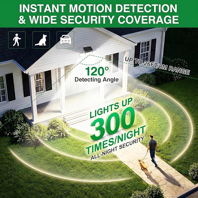 Solar Outdoor Lights Motion Sensor, 2500LM 286 LED Security Flood Lights with Visual Battery & Mode Display, 3 Lighting Modes, IP65 Waterproof 3-Head Wide Angle for Garage, Yard, Patio (2P Warm White)