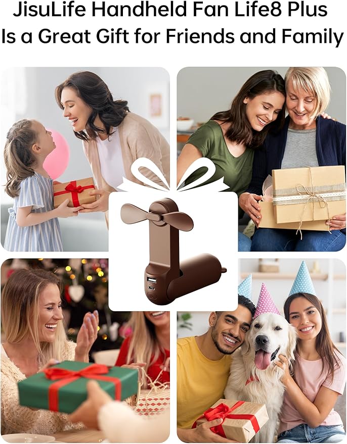 JISULIFE Handheld Fan 8 Plus: All-in-One Mini Fan with 37Hrs Cooling & 4500mAh PowerBank & Flashlight, USB Rechargeable, Portable Pocket Size for Travel, Makeup, Concert, Gifts for Women(Brown)