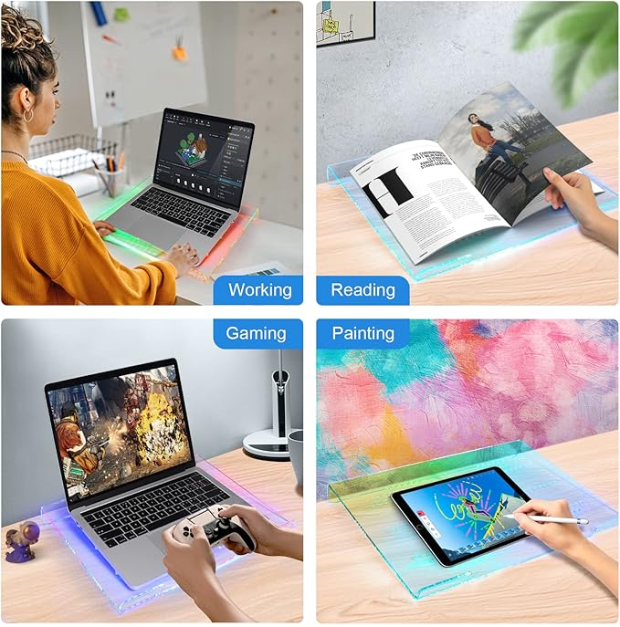 Acrylic Laptop Stand Clear Tablet Holder with 366 Kinds of RGB Backlight,Multiple Heat Dissipation Vents Ergonomic Tilted Mount Riser for PC,Notebook,MacBook,Phone from 10 to 17.3 Inch Work/Home