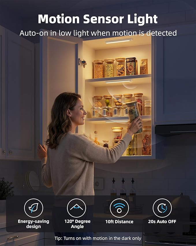 10inch Under Cabinet Lighting, 6-Pack Rechargeable Motion Sensor Light Indoor, Magnetic Closet Lights, Dimmable & 3 Color Temps, Wireless Under Counter Lights for Kitchen, Stairs
