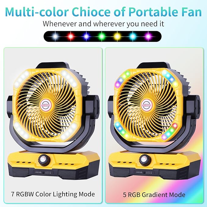 WESTTREE Battery Powered Fan Powerful Airflow Battery Operated Air Circulator Fan for Bedroom,Quiet & 360°Auto Oscillating Rechargeable Camping Fans with LED Light (RGBW) X66 Yellow
