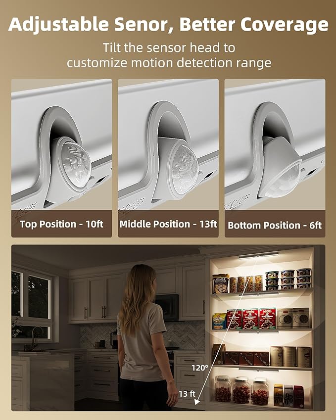 EZVALO 15-inch Motion Sensor Closet Lights, 1800mAh Rechargeable Cabinet Lights with Adjustable Sensor, Glare-Free, 3 Color Temps & Dimmable, Magnetic Motion Light Indoor for Pantry, Stairs -3 Pack