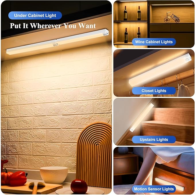 Under Cabinet Lights - Motion Sensor Light Indoor for Pantry, Closet, Kitchen, Bathroom - Battery Operated Magnetic Cabinet Lighting with Auto Off-4 Pack (Warm Light)