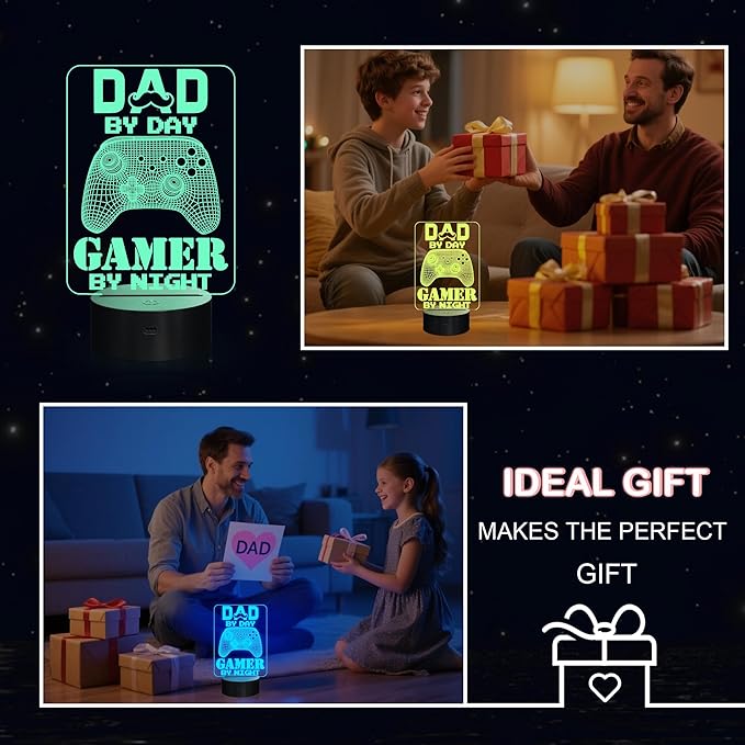 YuanDian Gamer Gifts for Dad, Dad by Day Gamer by Night Funny 3D Illusion Lamp 16 Colors Changing Touch & Remote Control, Desk Decor Gift for Birthday, Christmas, Father’s Day
