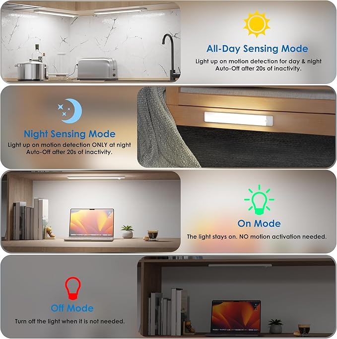 Motion Sensor Under Cabinet Lights, Magnetic Rechargeable Under Counter Closet Light, Wireless Night Light Bar Stick-On, 3-Pack, Cool White
