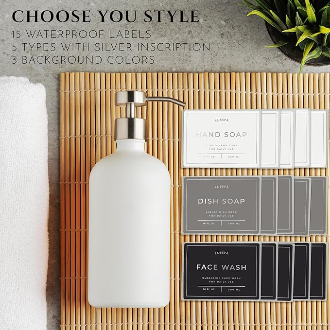 Glass Soap Dispenser Set of 2 (White) with Silicone Tray | Hand and Dish Soap Dispenser for Kitchen and Bathroom | 16.8 Oz Glass Bottles with Stainless Steel Pump & 15 Waterproof Labels (White/Silver)