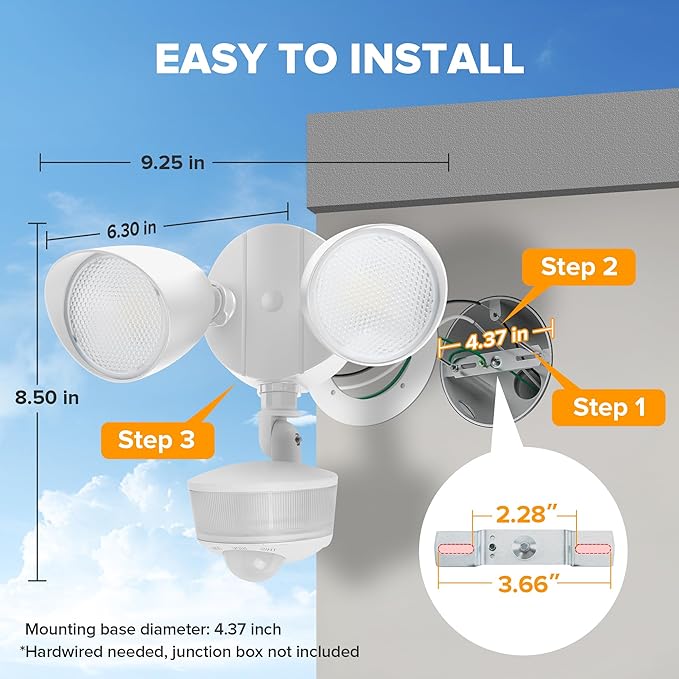 LUTEC 34W 3700 Lumen LED Security Light Motion Sensor Outdoor Lights with Night Light, 5000K Daylight, IP65 Waterproof, Dusk to Dawn, Hardwired Motion Detector Flood Light for Garage, Yard-White