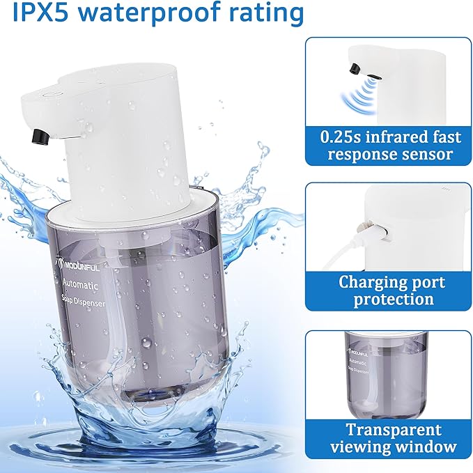 Automatic Soap Dispenser for Kitchen Sink - Wall-Mount & Countertop: 4-Level Adjustable, 13.5oz Clear Plastic IPX5 Rechargeable, Suitable for Kitchen Sink & Bathroom (White)