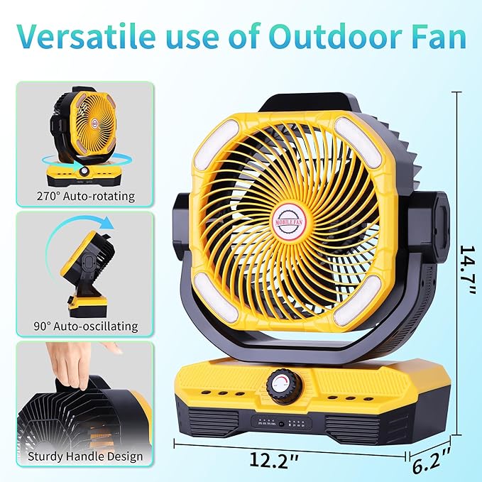 WESTTREE Battery Powered Fan Powerful Airflow Battery Operated Air Circulator Fan for Bedroom,Quiet & 360°Auto Oscillating Rechargeable Camping Fans with LED Light (RGBW) X66 Yellow