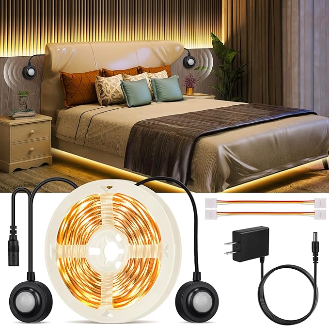 Dual Motion Sensor Light Indoor Under Bed Lights,16.4Ft Motion Activated LED Strip Lights for Bedside,12V Warm White Under Cabinet Light Two Motion Sensors LED Strip for Stair Closet Hallway