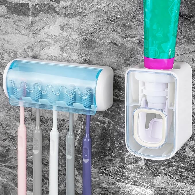 5 Slots Wall Mount Toothbrush Holder with Cover, Self Adhesive Toothbrush Storage Organizer for Shower, Toothbrush Hanger with Automatic Toothpaste Squeezer Dispenser (Blue)