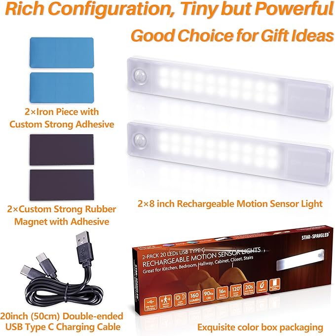 STAR-SPANGLED Under Cabinet Lighting Rechargeable, 8 inch Motion Sensor Lights Indoor Battery Operated, USB Stick on LED Magnetic Closet Light for Counter, Stairs, Kitchen, Cool White, 2 Pack
