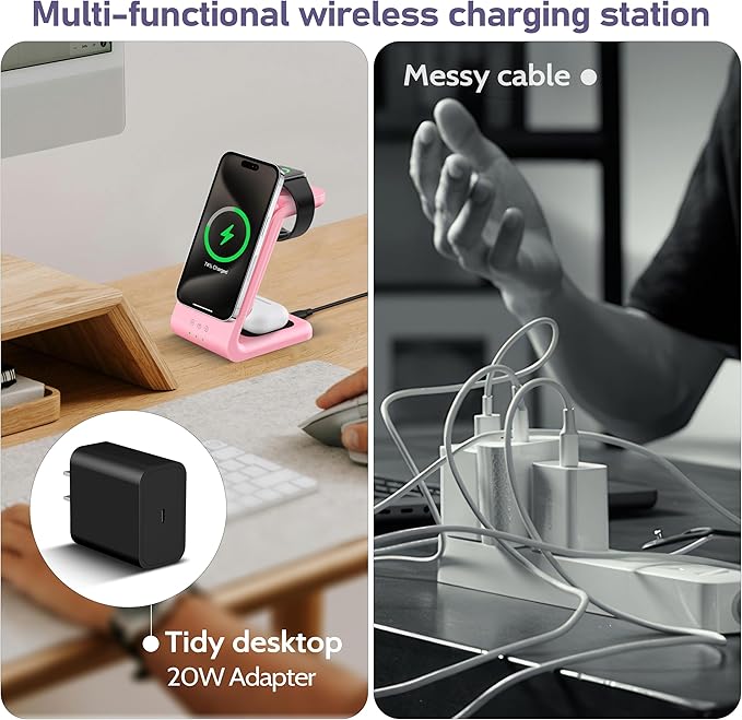 Smtcsl 3 in 1 Wireless Charging Station: 5000mAh Removable Power Bank Charger Stand for Phone/Watch/Air Pods - Portable Magnetic Battery Pack for Air 17 16 15 14 13 12 Series Pink