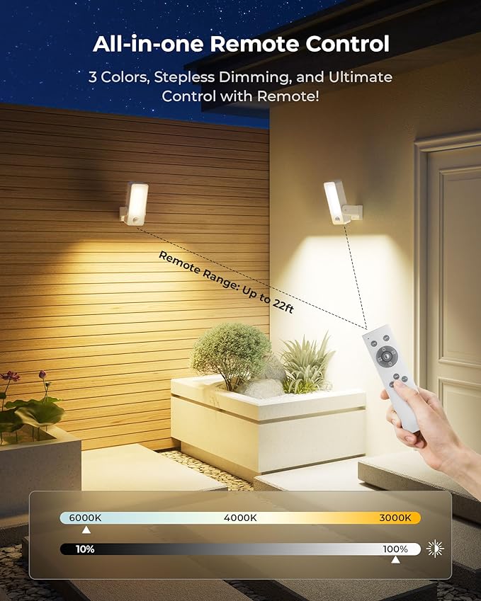 2 Pack Motion Sensor Outdoor Lights, 10000mAh Rechargeable 600 Lumen Battery Operated Outdoor Wall Lights with 3 Modes, 3 Colors, IP65 Waterproof Outdoor Security Lights for Fences, Garage, Patio