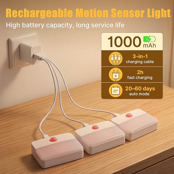 6 Pack Rechargeable Motion Sensor Stair Lights Indoor, Automatic Activated LED Night Light Wireless Battery Powered Portable Hallway Step Toilet Closet Lamp for Bedroom Kitchen ﻿