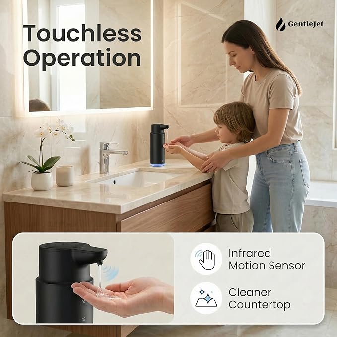 GentleJet CrystalJet Automatic Liquid Soap Dispenser Touchless Sensor, Stainless Steel, USB-C Rechargeable, Waterproof Kitchen & Bathroom Countertop Soap Dispenser, 300 ml