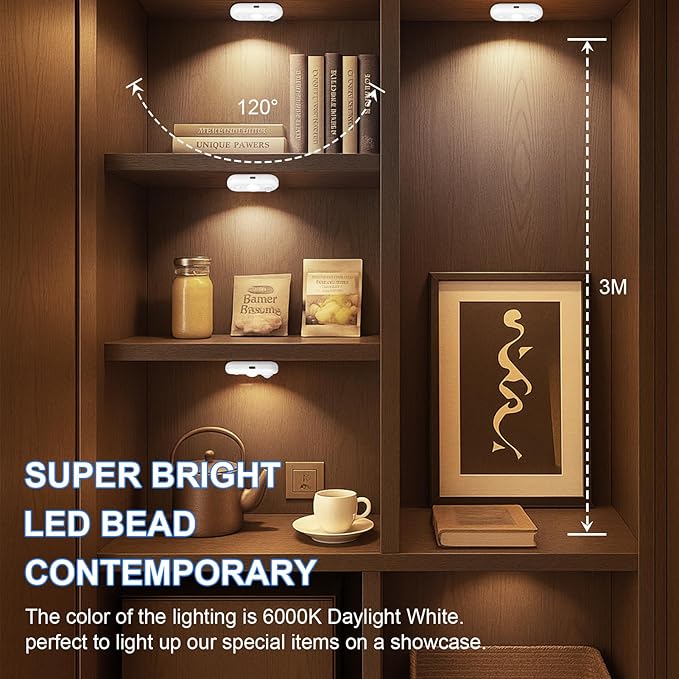 LED Motion Sensor Light Indoor, Magnetic Under Cabinet Lighting Daylight White, Dimmable Rechargeable Puck Lights for Closet, Kitchen, Stairs(6 Pack)