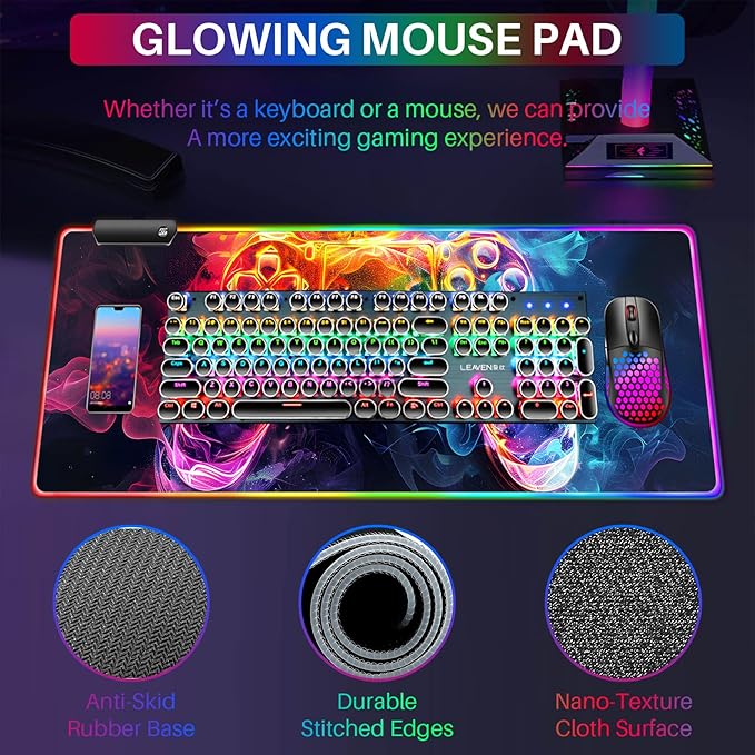 XL RGB Gaming Mouse Pad with 14 Light Modes - Light Up Gamer Mouse Pad,31.5 x 11.8in Non-Slip Gamepad Style Led Large Gamer Mousepad,Black Long Glowing Gaming Accessories for Desk, Waterproof
