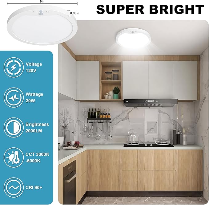Hard-Wired Motion Sensor Ceiling Lights, 9in 20W Flush Mount Motion LED Ceiling Lights, 3000K 4000K 6000K Indoor Ceiling Light for Closet Doorway Stairway Hallway, 2 Packs, Not Battery Operated
