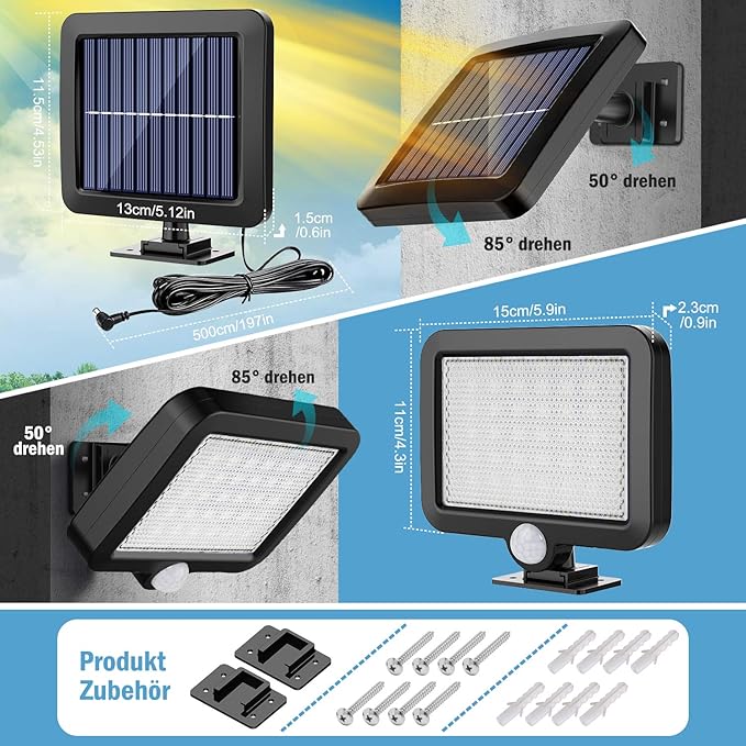 MPJ Solar Light Outdoor,56 LED Solar Light Outside with Motion Detector, IP65 Waterproof, 120° Lighting Angle, Solar Wall Light for Garden with 16.5ft Cable, 2 Pack