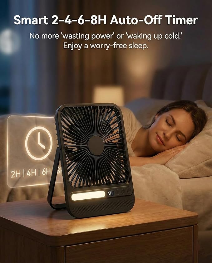 7-Inch Portable Travel Fan, Cruise Ship Approved, 28H 8000mAh Ultra-Thin Quiet Rechargeable Battery Operated Desk Fan with Timer & LED Display for Bedroom, Office, Camping