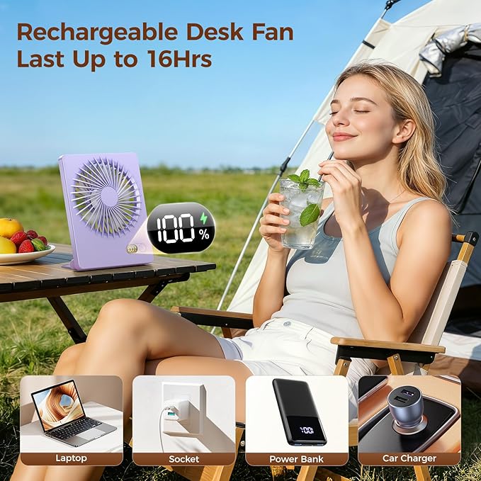 Zuvas Desk Fan Battery Operated Fan Rechargeable 180°Tilt Folding Personal Fan Ultra Quiet Small Portable 3 Speed Adjustable Strong Wind Fan For Office Bedroom Home Desktop Camping (Light Purple)