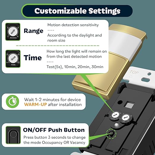 TOPGREENER Motion Sensor Light Switch, Occupancy & Vacancy Motion Sensor Switch, 𝐎𝐩𝐞𝐫𝐚𝐛𝐥𝐞 𝐖𝐢𝐭𝐡𝐨𝐮𝐭 𝐆𝐫𝐨𝐮𝐧𝐝 𝐖𝐢𝐫𝐞, No Neutral Wire, Single Pole, TDOS5-HL-GD, Gold
