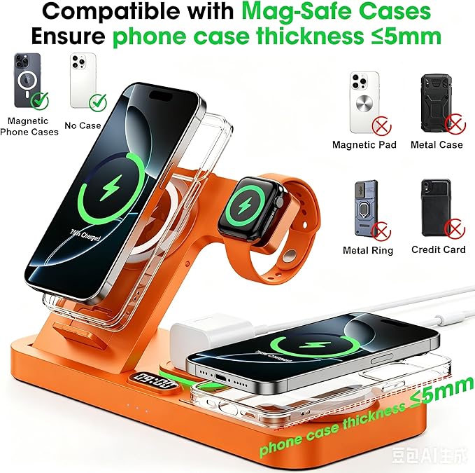 Dual Phone Wireless Charging Station for Apple Devices, Magnetic Charging Station for iPhone with Auto Switch 7-Color Light&Clock,Family Watch Charger for iPhone17 for iWatch11for AirPods Pro3(Orange)