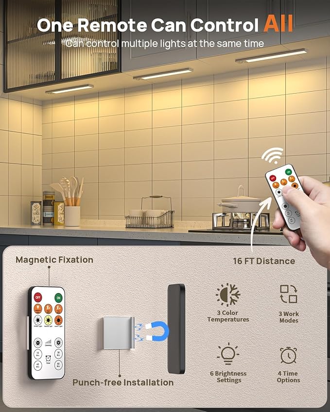 16in Under Cabinet Lighting with Remote, LED Motion Sensor Light Indoor, Rechargeable Closet Lights Wireless, Dimmable, 3 Color Temps, Magnetic Under Counter Lights for Kitchen, Pantry, Stair, 5 Pack
