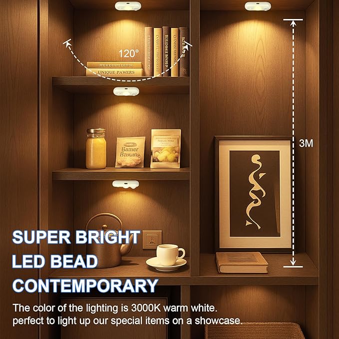 LED Motion Sensor Light Indoor, Magnetic Under Cabinet Lighting Warm White, Dimmable Rechargeable Puck Lights for Closet, Kitchen, Stairs(4 Pack)