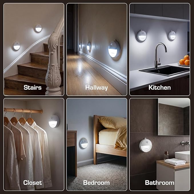EverBrite LED Motion Sensor Night Light, Automated On & Off, Cool White Motion Activated LED Night Light for Kitchen, Bathroom, Stairs, Bedroom - with 18 AAA Batteries, 6-Pack