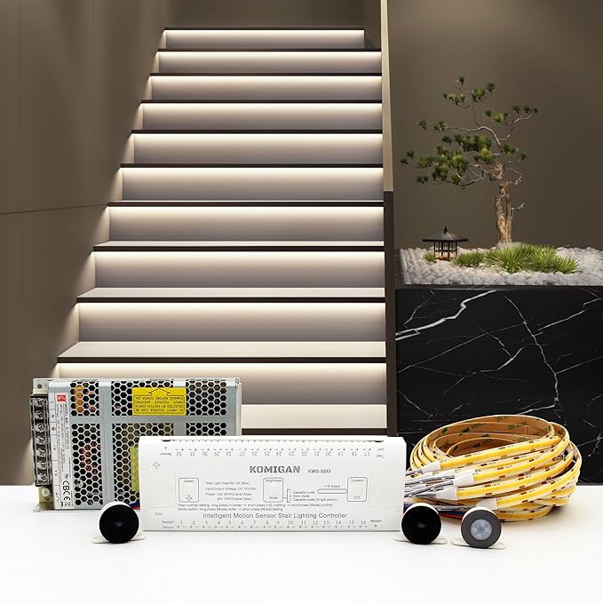 Intelligent Motion Triggered LED Stair Lighting Kit KMG-3233, 60" Cuttable LED Strip Light for Indoor LED Stair Lights (Cool White 6000K,20 Stairs)