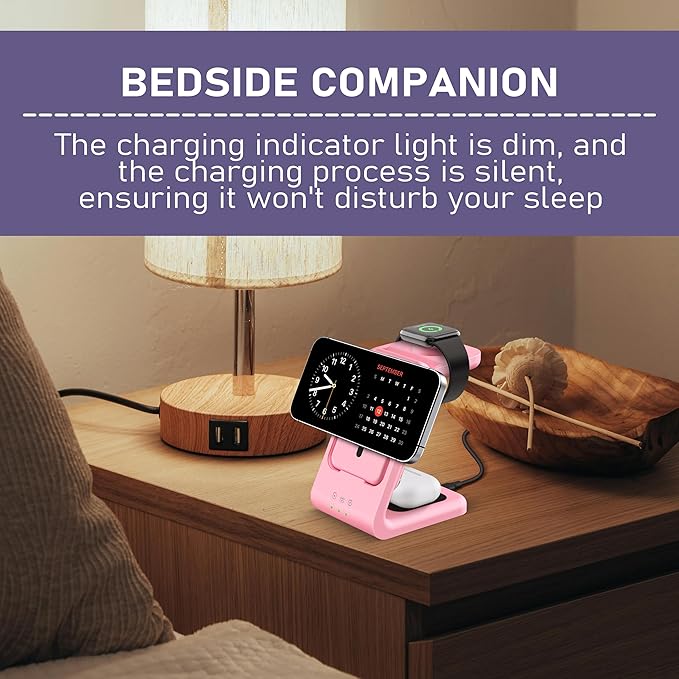 Smtcsl 3 in 1 Wireless Charging Station: 5000mAh Removable Power Bank Charger Stand for Phone/Watch/Air Pods - Portable Magnetic Battery Pack for Air 17 16 15 14 13 12 Series Pink