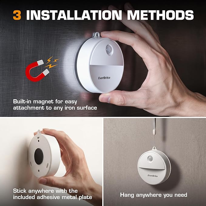EverBrite LED Motion Sensor Night Light, Automated On & Off, Cool White Motion Activated LED Night Light for Kitchen, Bathroom, Stairs, Bedroom - with 18 AAA Batteries, 6-Pack