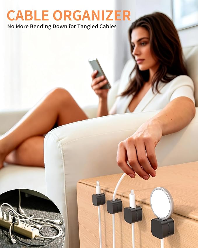 6Pack Cable Organizer Clips, Magnetic Cable Holder (1s Lock), XOVRAETH Strong Adhesive Wire Management for Desk, Nightstand, Living Room, Kitchen, Office, Car(BlackB)