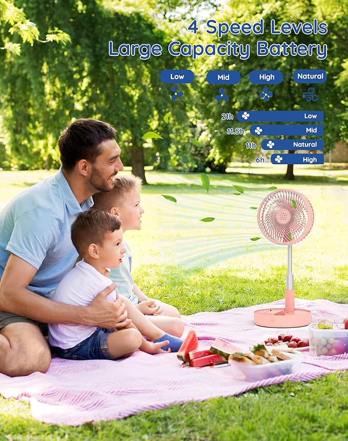 Primevolve Portable Fan,Battery Operated Rechargeable USB Fan with Remote, Foldable Floor Table Desk Pedestal Fan for Bedroom Camping Travel,Pink 7.7"