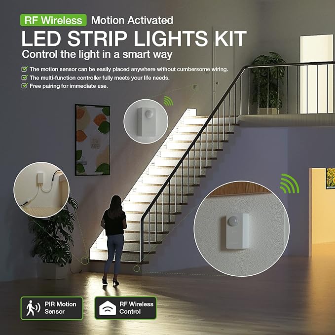RAYZEEK Wireless Motion Activated LED Strip Lights,19.7FT LED Strip Lights with Power Adapter,Wireless Motion Sensor Control Dimmer,Timing,Cool White (1×Controller+2×Motion Sensor)
