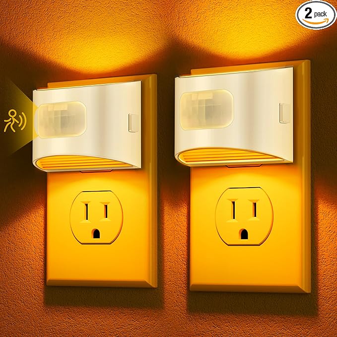 DORESshop LED Night Light[2 Pack], Night Lights Plug into Wall, Dimmable Plug in Night Light with Motion Sensor, Dusk to Dawn Sensor, Nightlights for Adults, Bedroom, Bathroom, Amber, White Cover