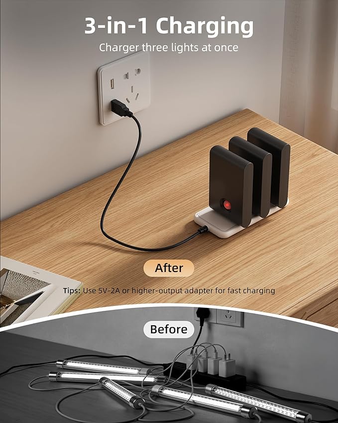 EZVALO 6 Pack Motion Sensor Night Lights with Charging Station, Sync LED Stair Lights Indoor, 1500mAh Rechargeable, Magnetic & Dimmable, 3000K Soft White, Portable Nightlight for Hallway (Black)