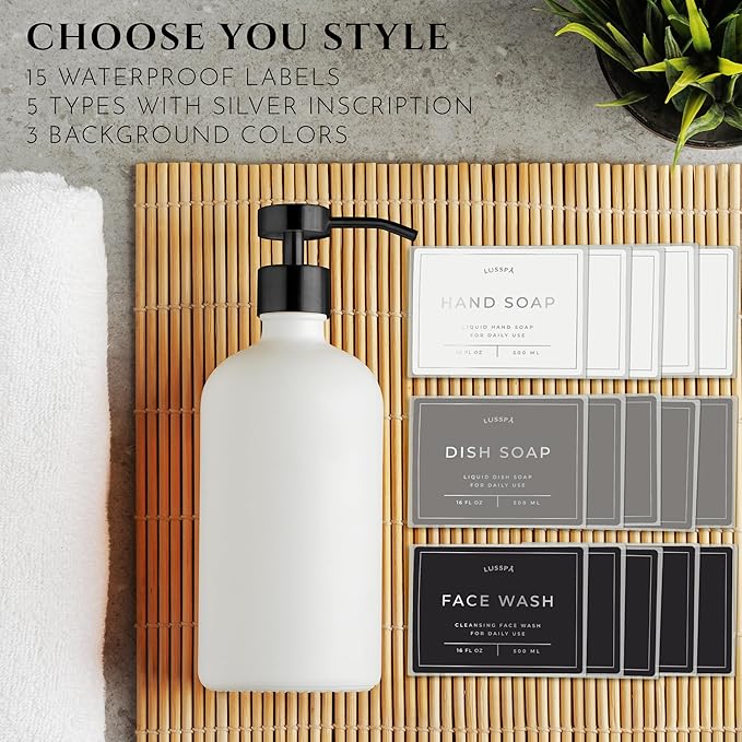 Glass Soap Dispenser Set of 2 (White) with Silicone Tray | Hand and Dish Soap Dispenser for Kitchen and Bathroom | 16.8 Oz Glass Bottles with Stainless Steel Pump & 15 Waterproof Labels (White/Black)